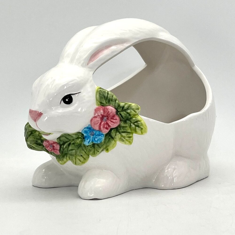 Vintage Collectible Oxford Elite Ceramic Easter Bunny Basket Floral Design Decor - Picture 3 of 14